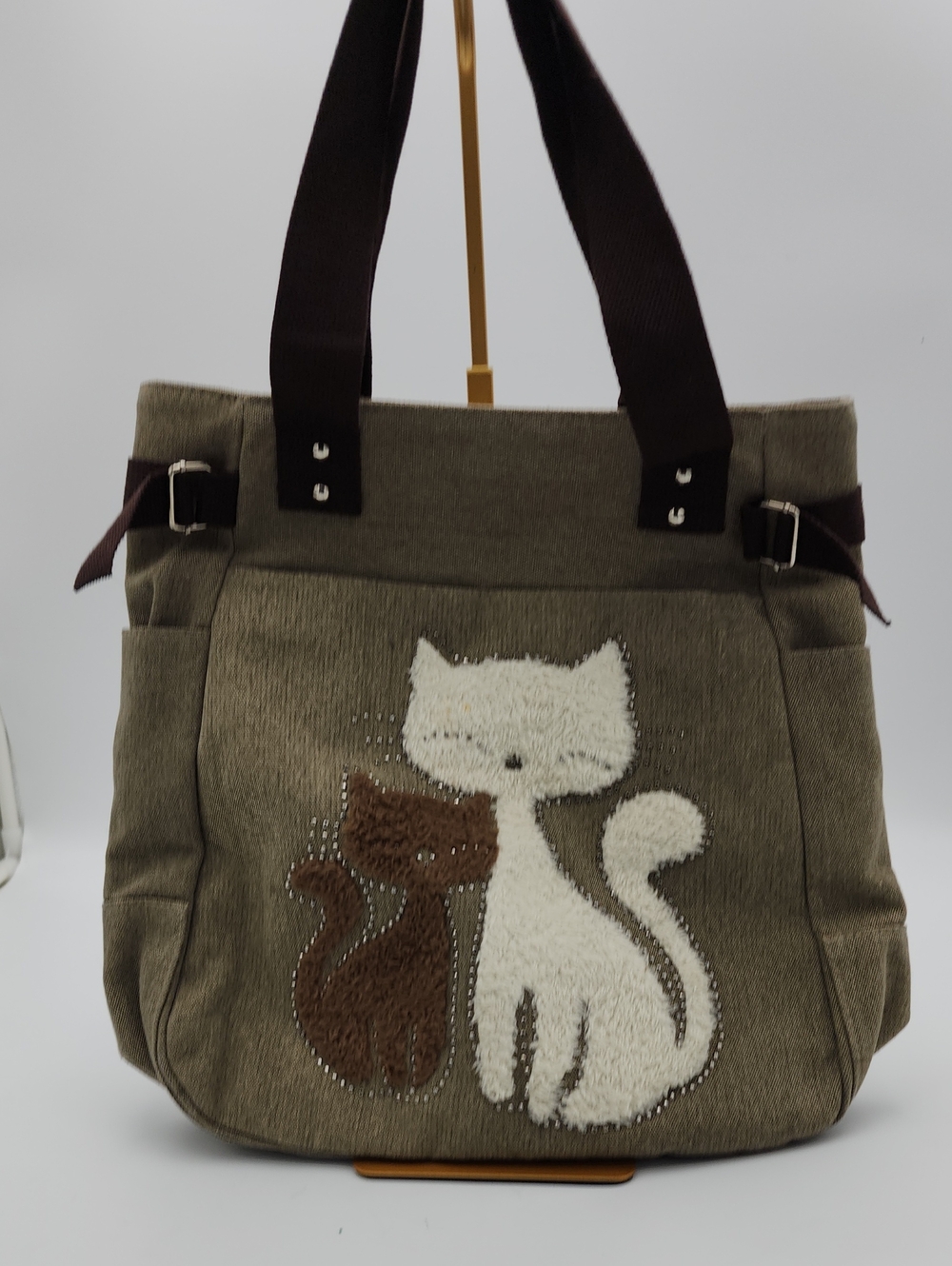 Kaukko Cat Tote Bag with Embroidered Cats - Brown/White